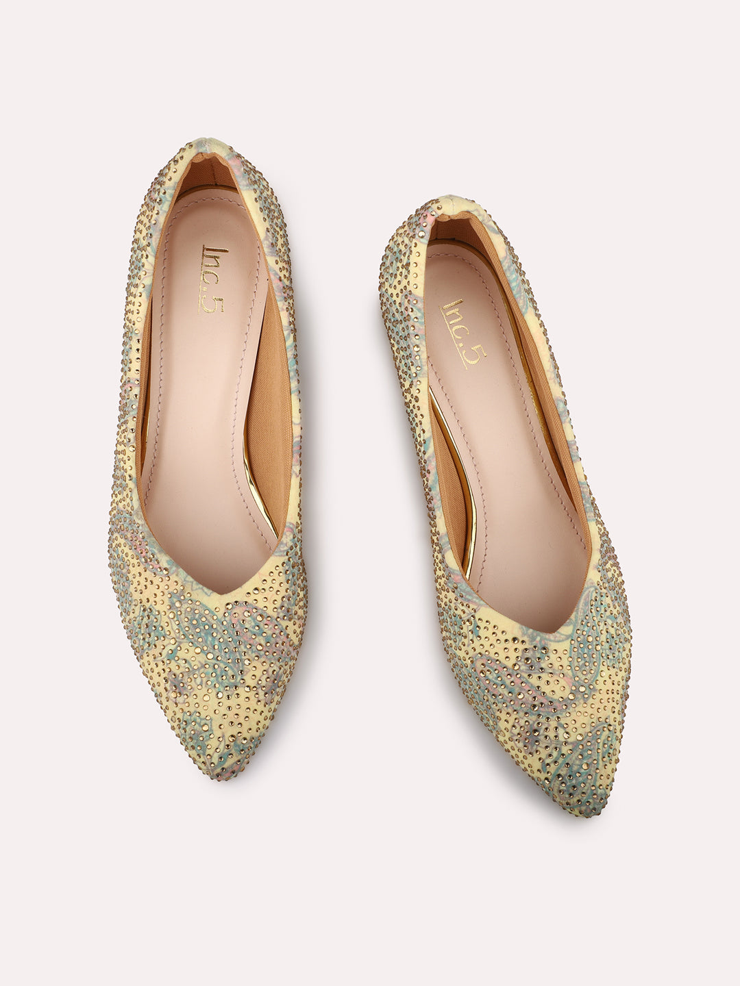 Women Yellow Printed Embellished Pointed Toe Party Heeled Pumps