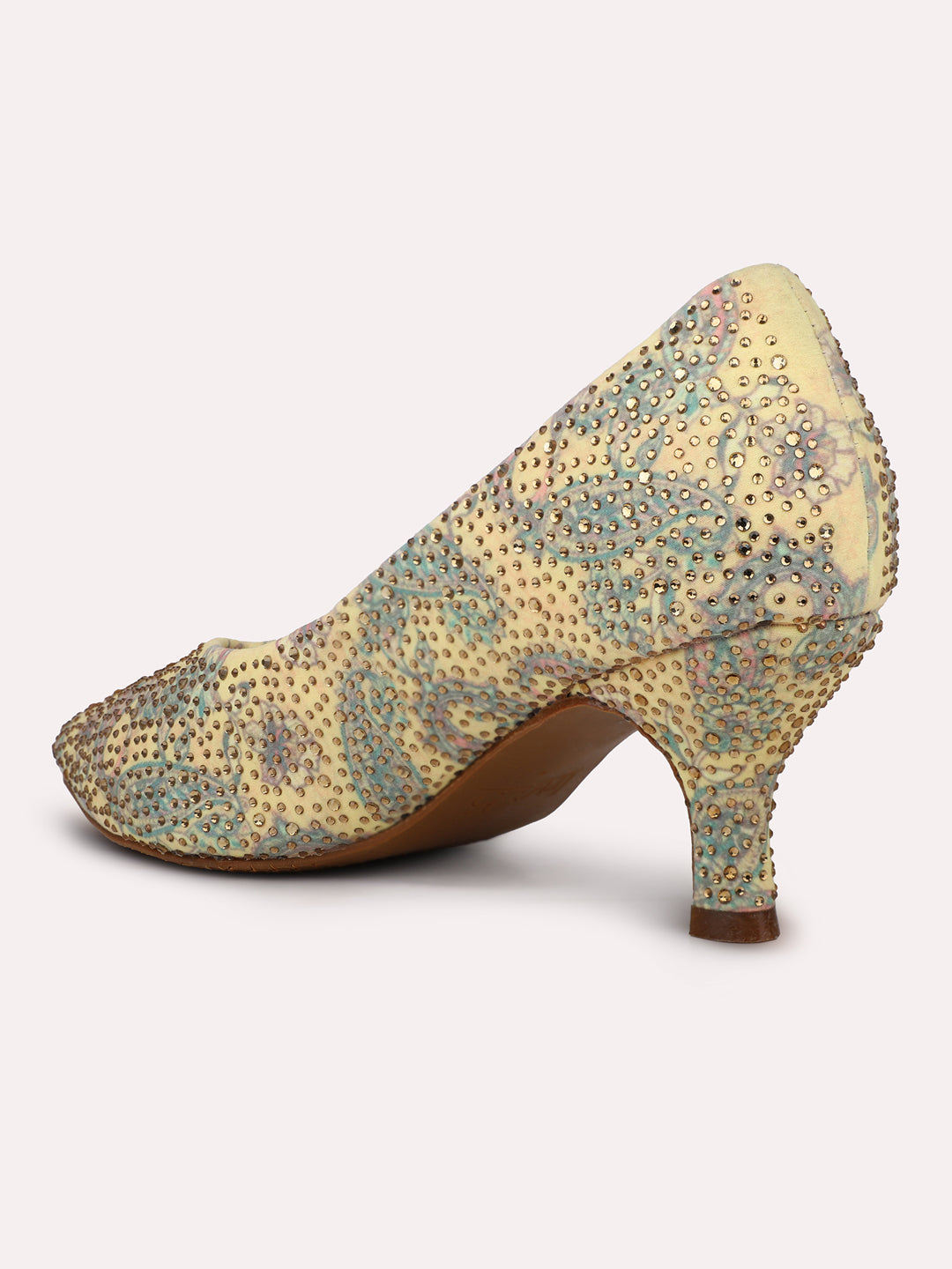 Women Yellow Printed Embellished Pointed Toe Party Heeled Pumps