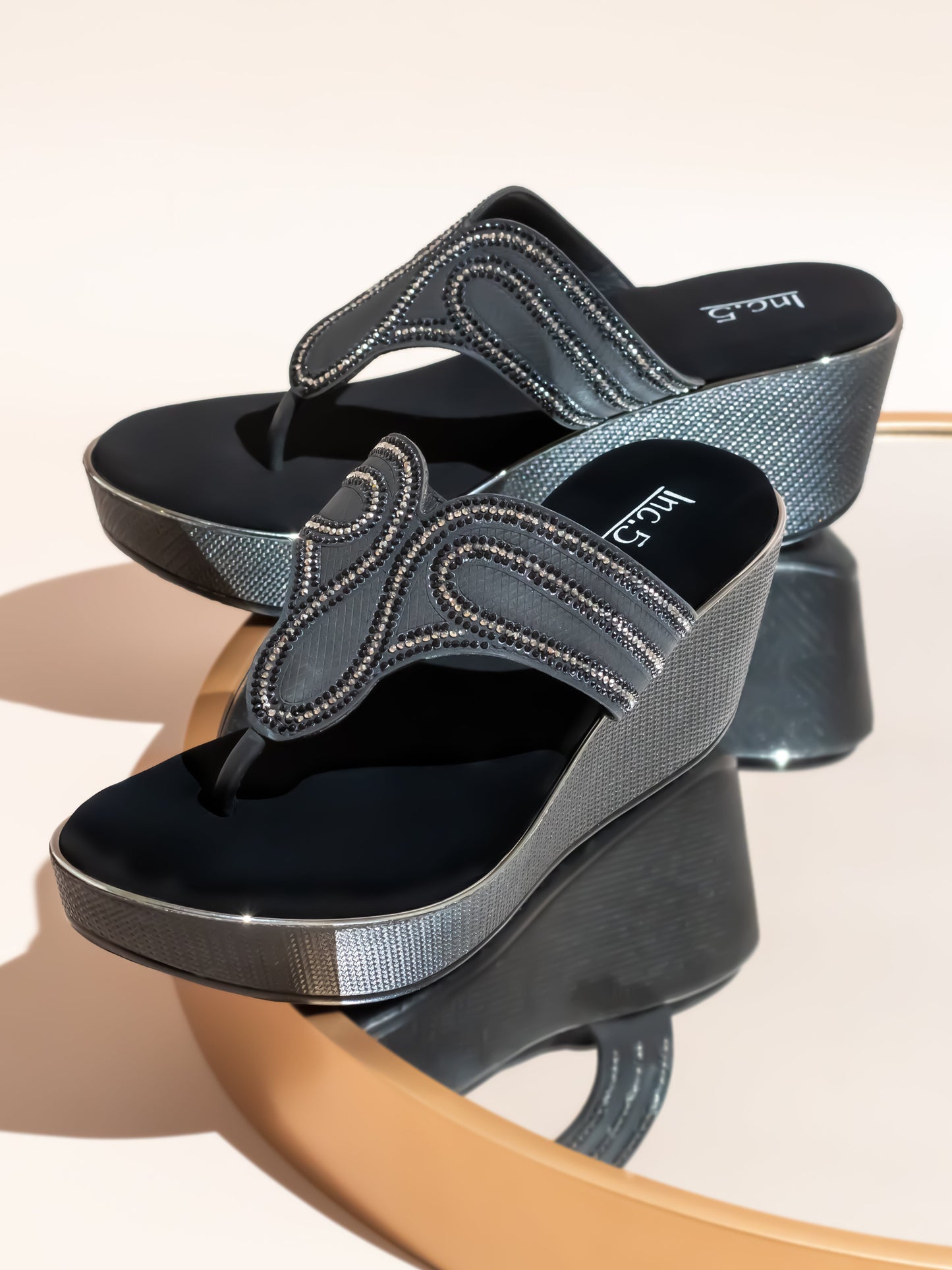 Women Black & Silver-Toned Embellished Open Toe Wedge Heel