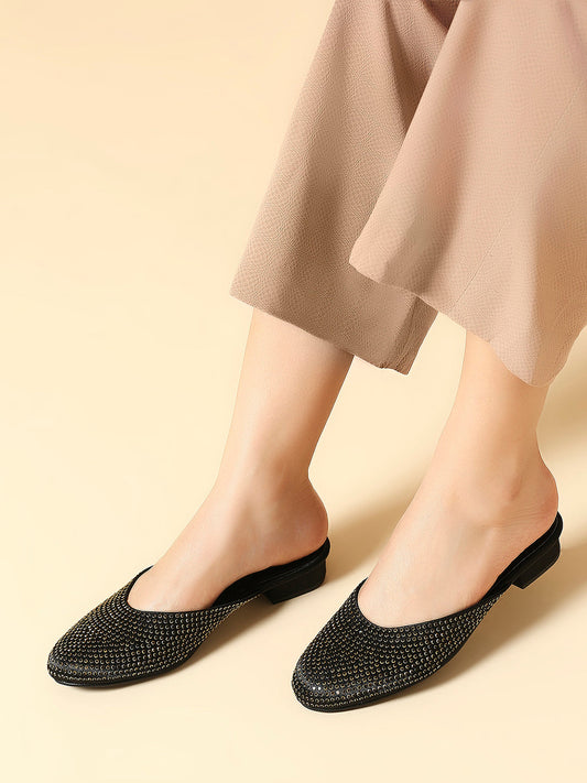 Women Black-Coloured Embellished Mules Block Heels