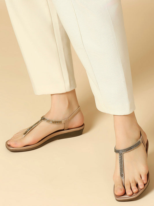 Women Rose Gold And Gold-Toned Embellished Open Toe T-Strap Flats