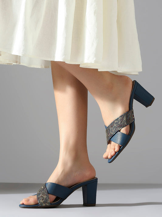 Women Blue-Coloured Embellished Cross Strap Party Block Heels