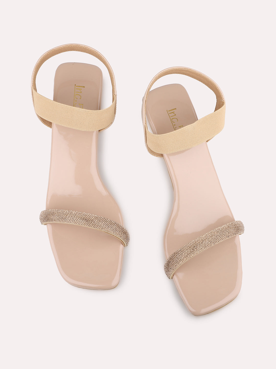 Women Beige Embellished Open Toe Block Heels With Backstrap