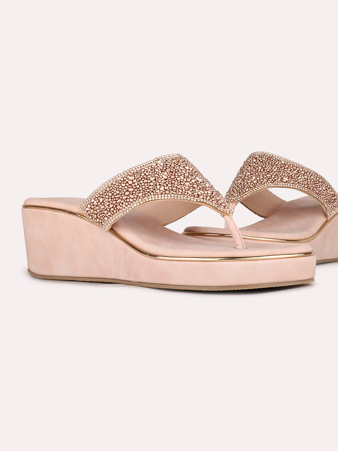Women Rose Gold Ethnic Embellished Round Toe Wedge Heel Sandals