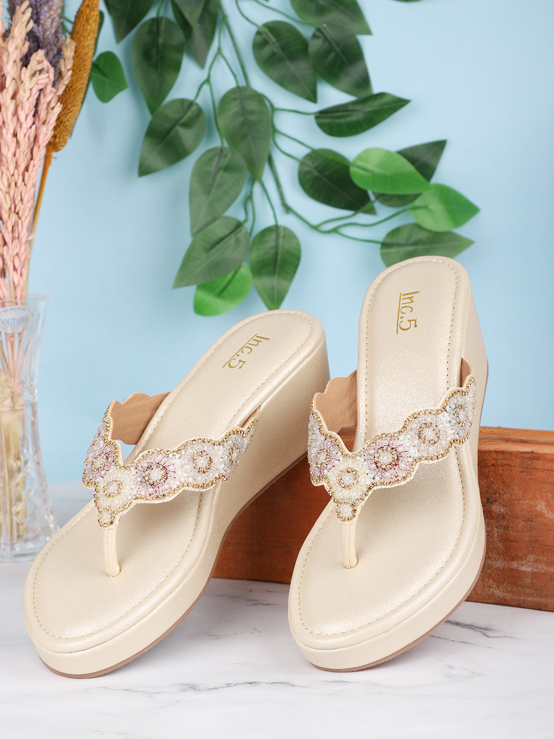 Women Gold-Toned Embellished Ethnic Wedge Heels