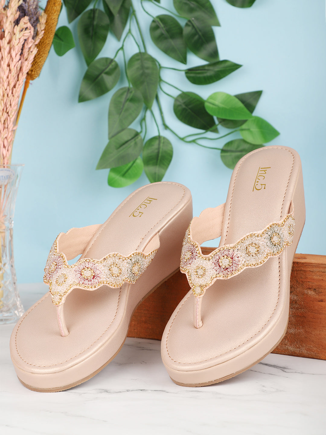 Women Rose Gold-Toned Embellished Ethnic Wedge Heels