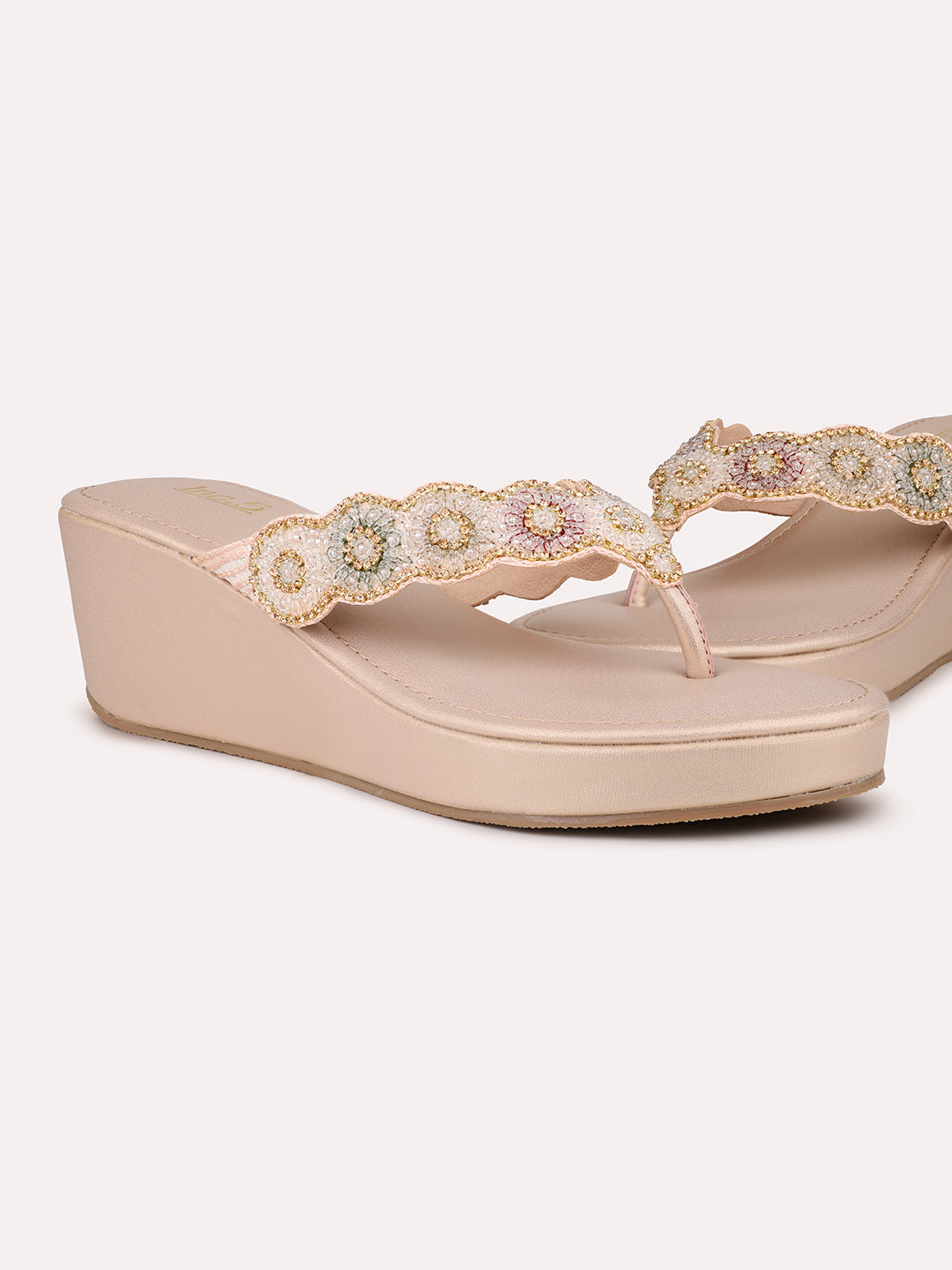 Women Rose Gold-Toned Embellished Ethnic Wedge Heels