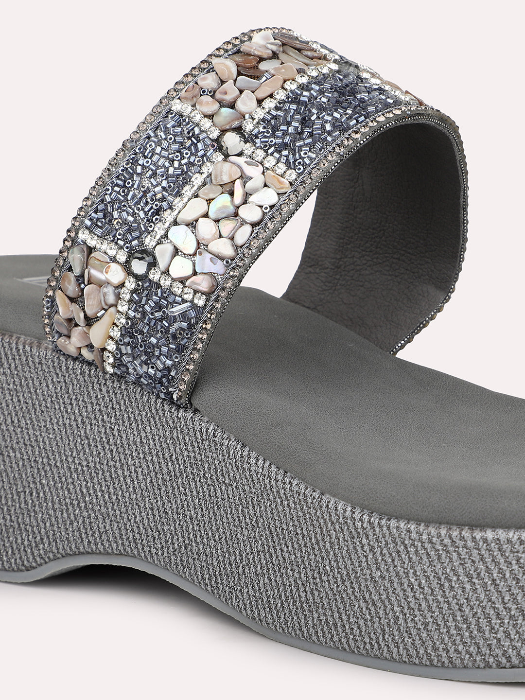 Women Pewter Embellished Ethnic Jute Finish One Toe Wedge Heels