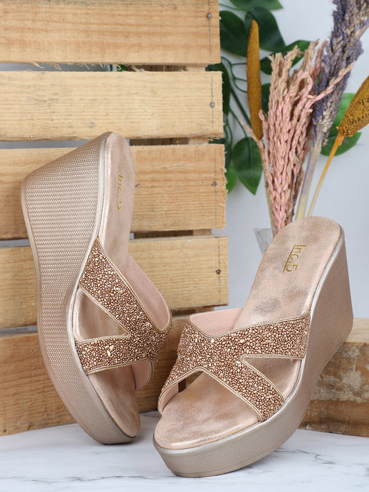 Women Rose Gold-Toned Embellished Wedge Heels