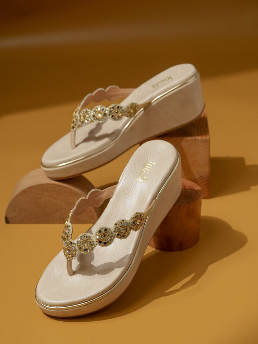Women Gold-Toned Embellished Open Toe Wedge Heels