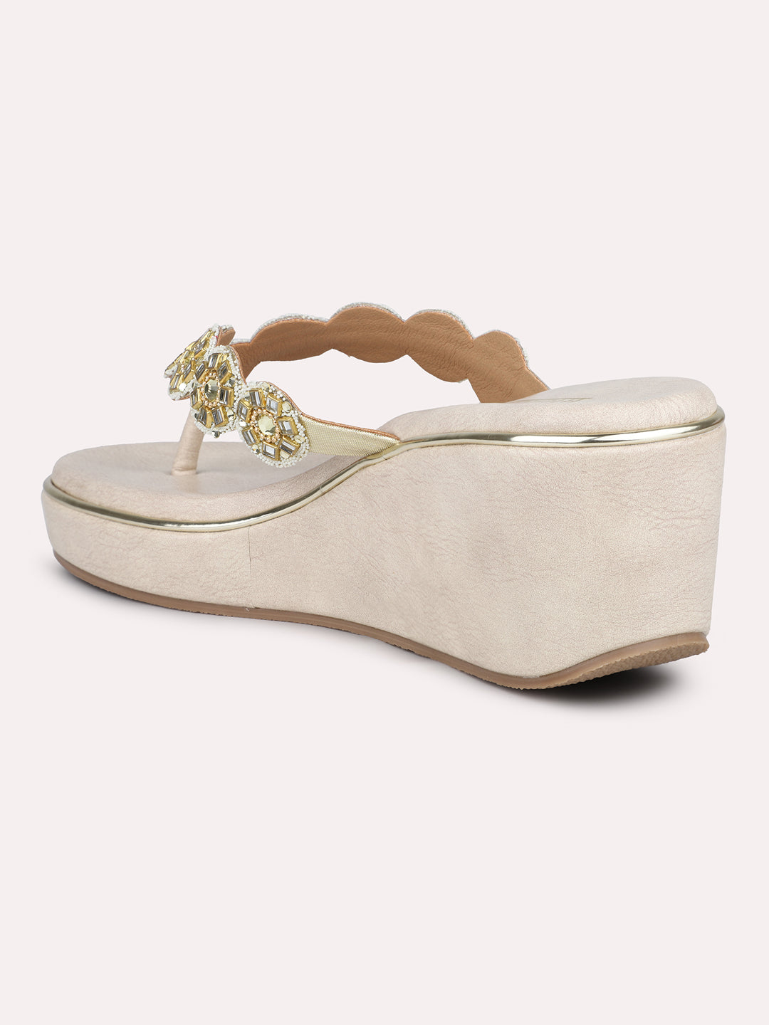 Women Gold-Toned Embellished Open Toe Wedge Heels