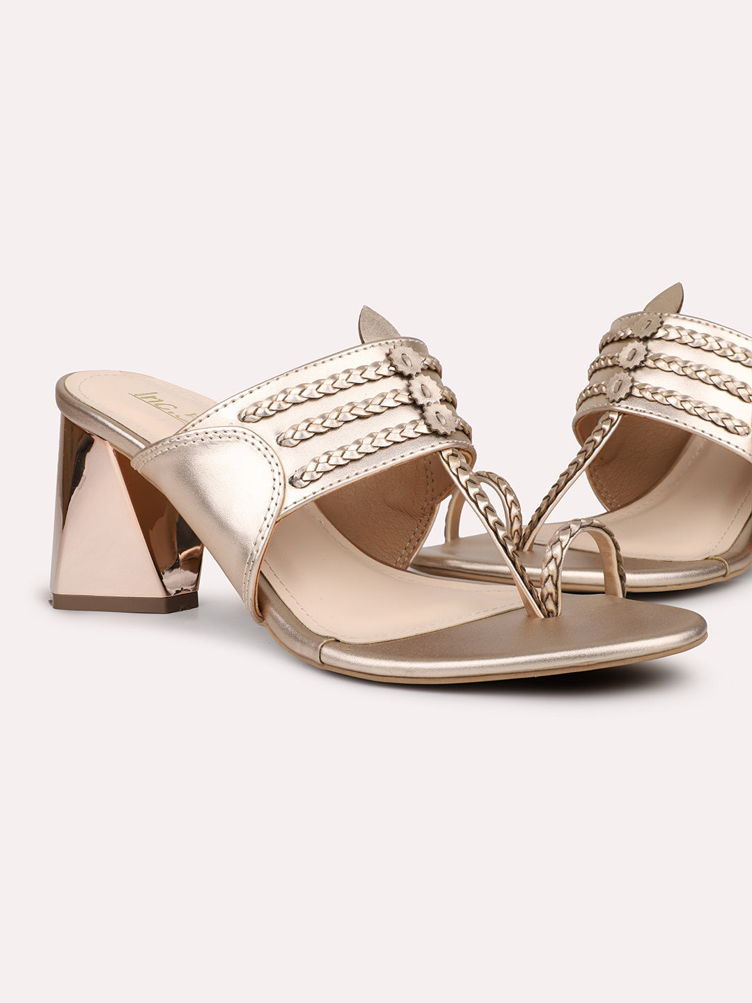 Women Rose Gold Embellished One-Toe Block Heels