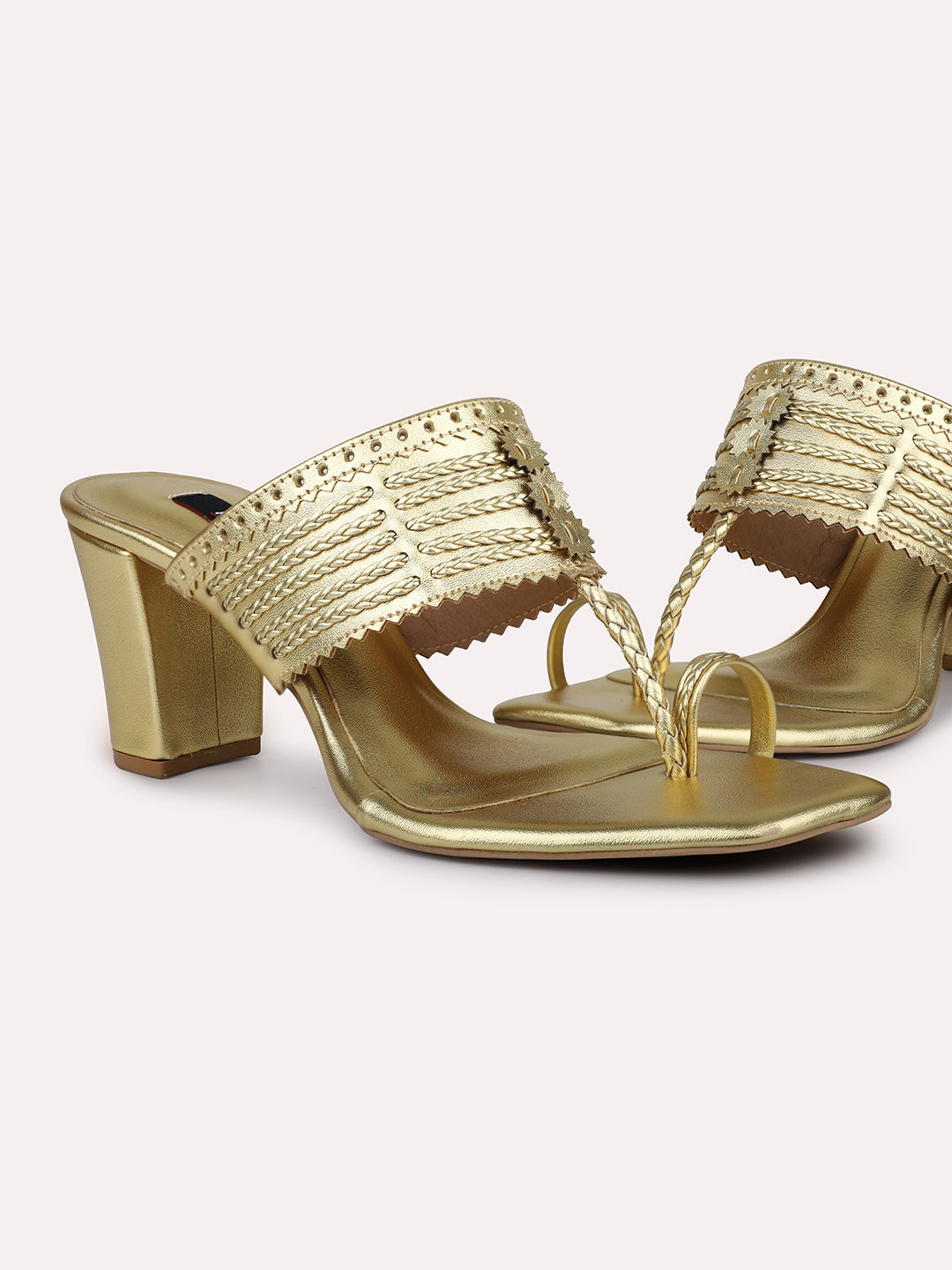 Women Gold Textured Embellished One-Toe Block Heels