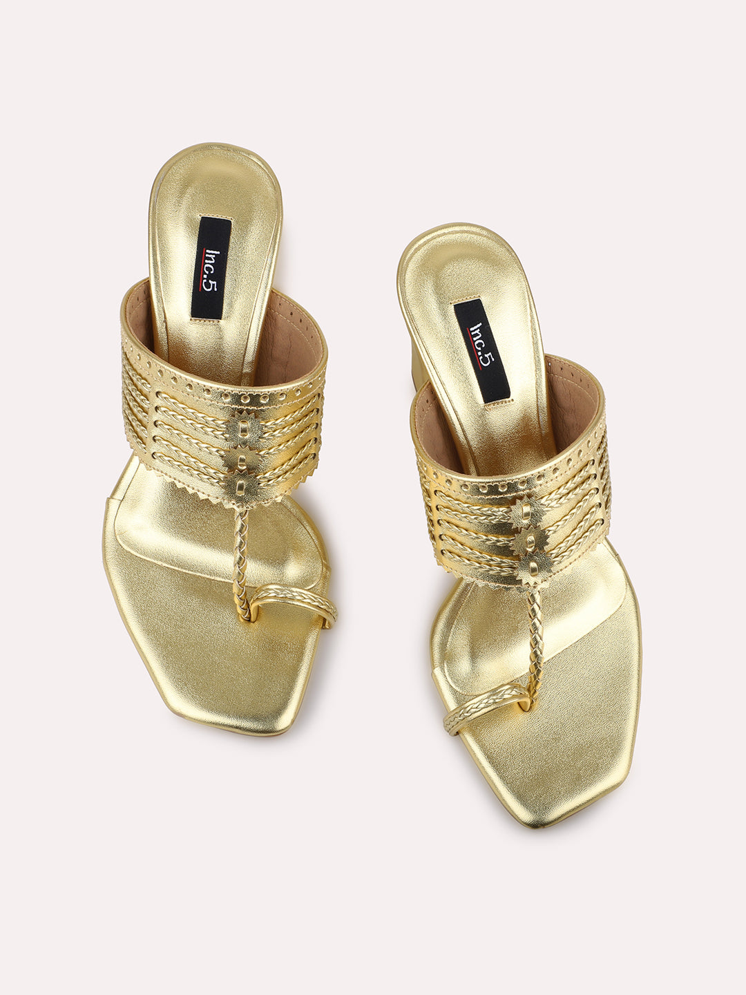 Women Gold Textured Embellished One-Toe Block Heels