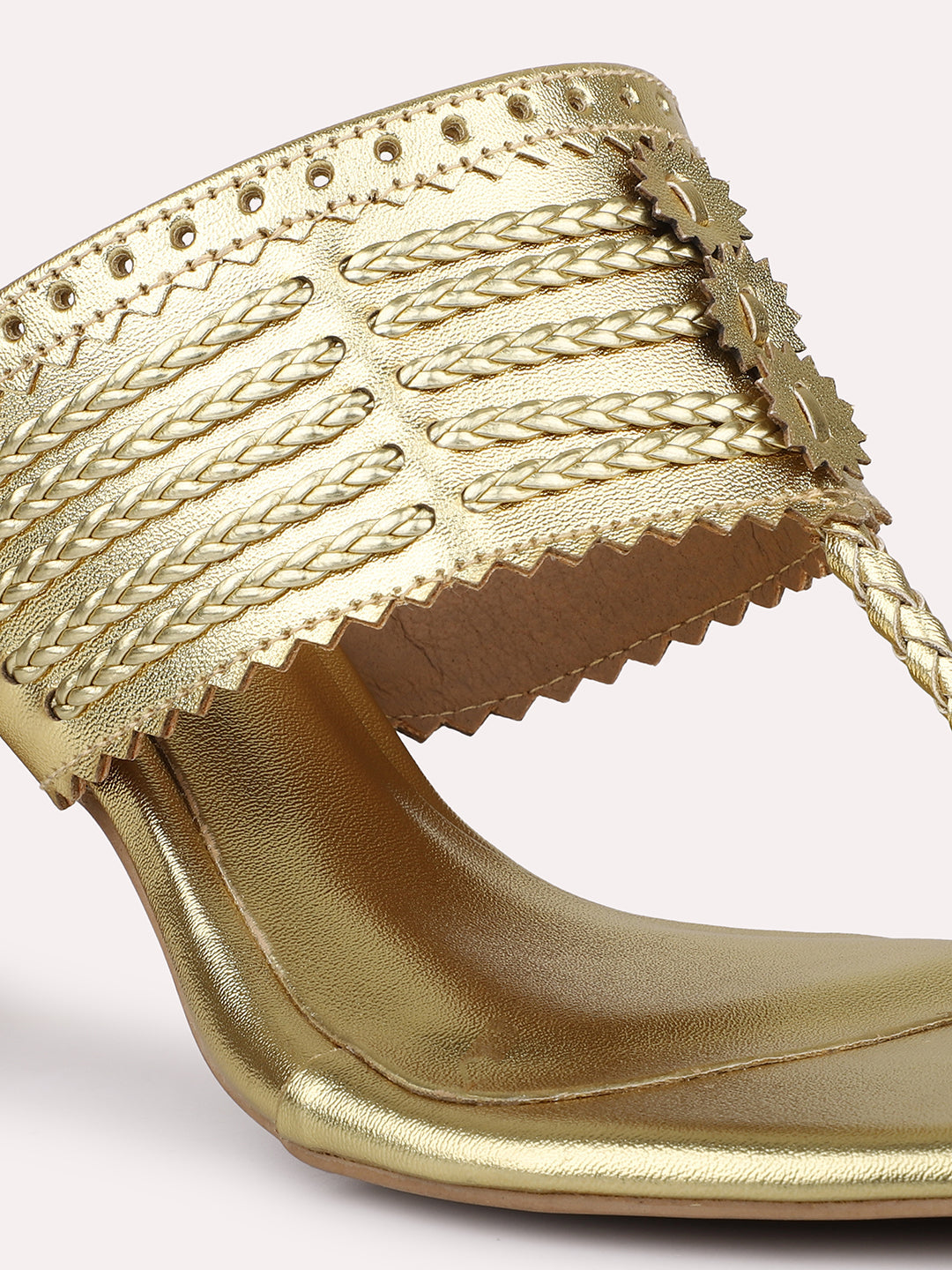 Women Gold Textured Embellished One-Toe Block Heels