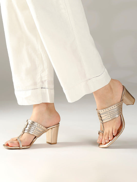 Women Rose Gold Textured Embellished One-Toe Block Heels