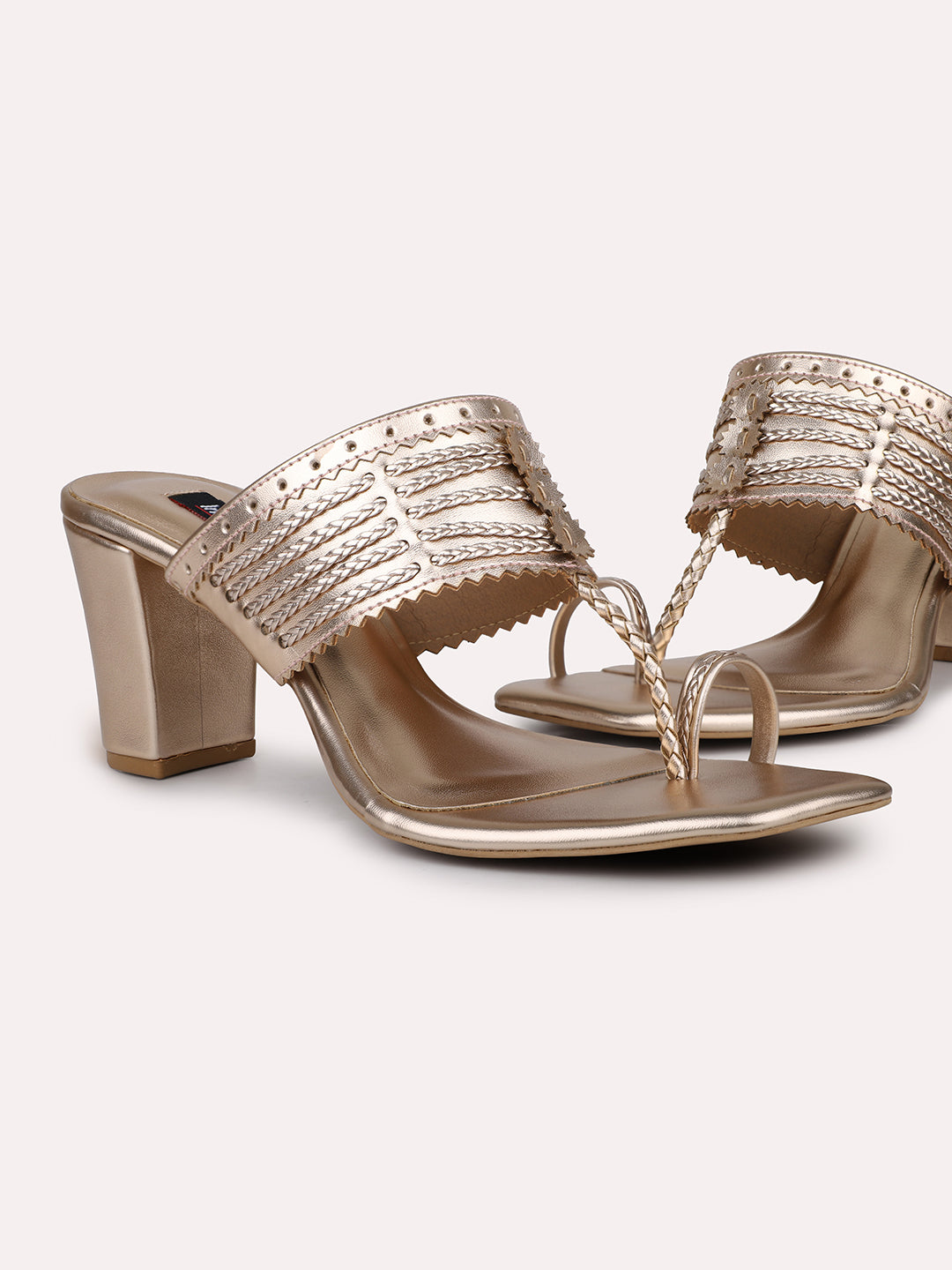 Women Rose Gold Textured Embellished One-Toe Block Heels