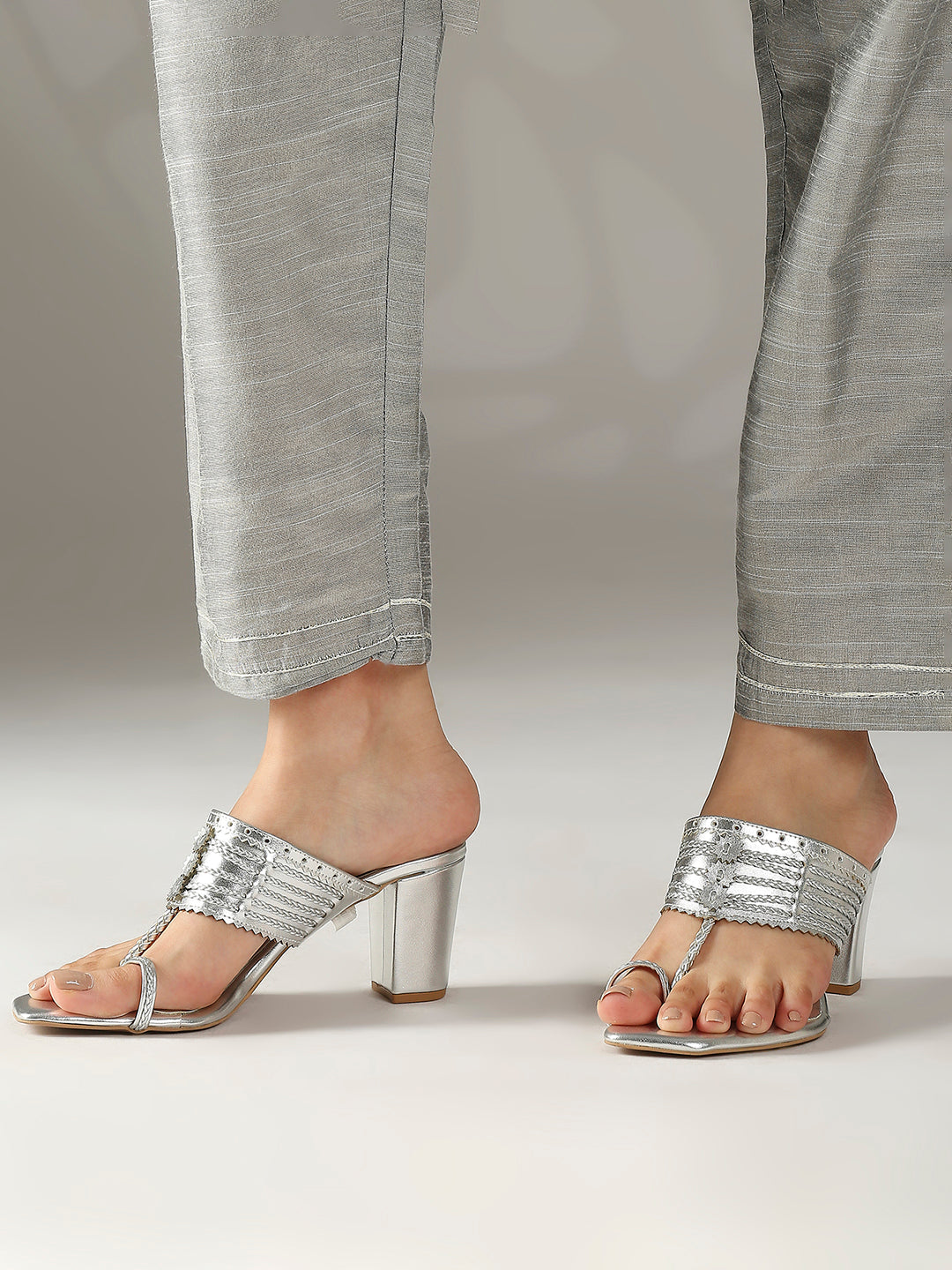 Women Silver Textured Embellished One-Toe Block Heels