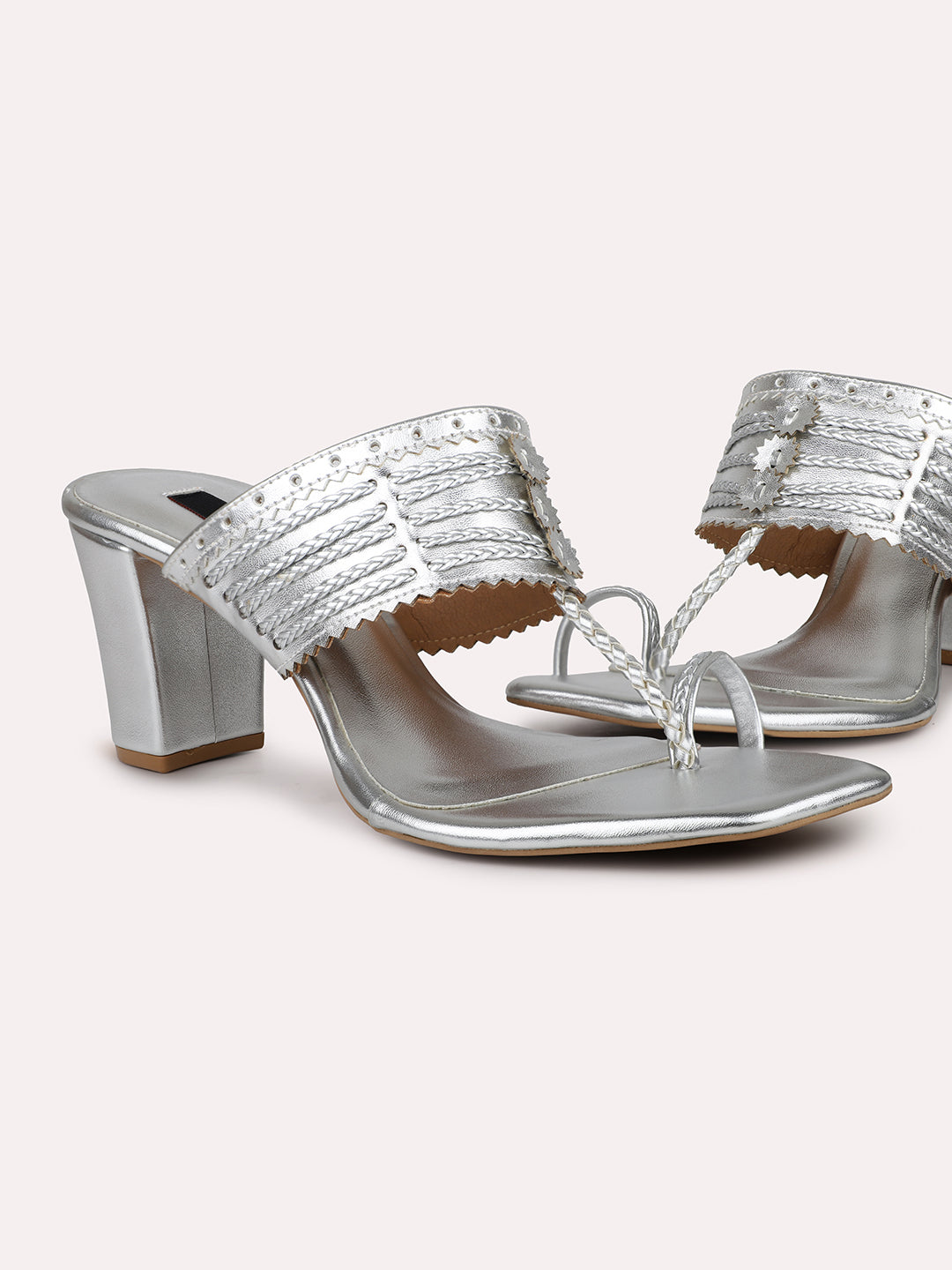 Women Silver Textured Embellished One-Toe Block Heels