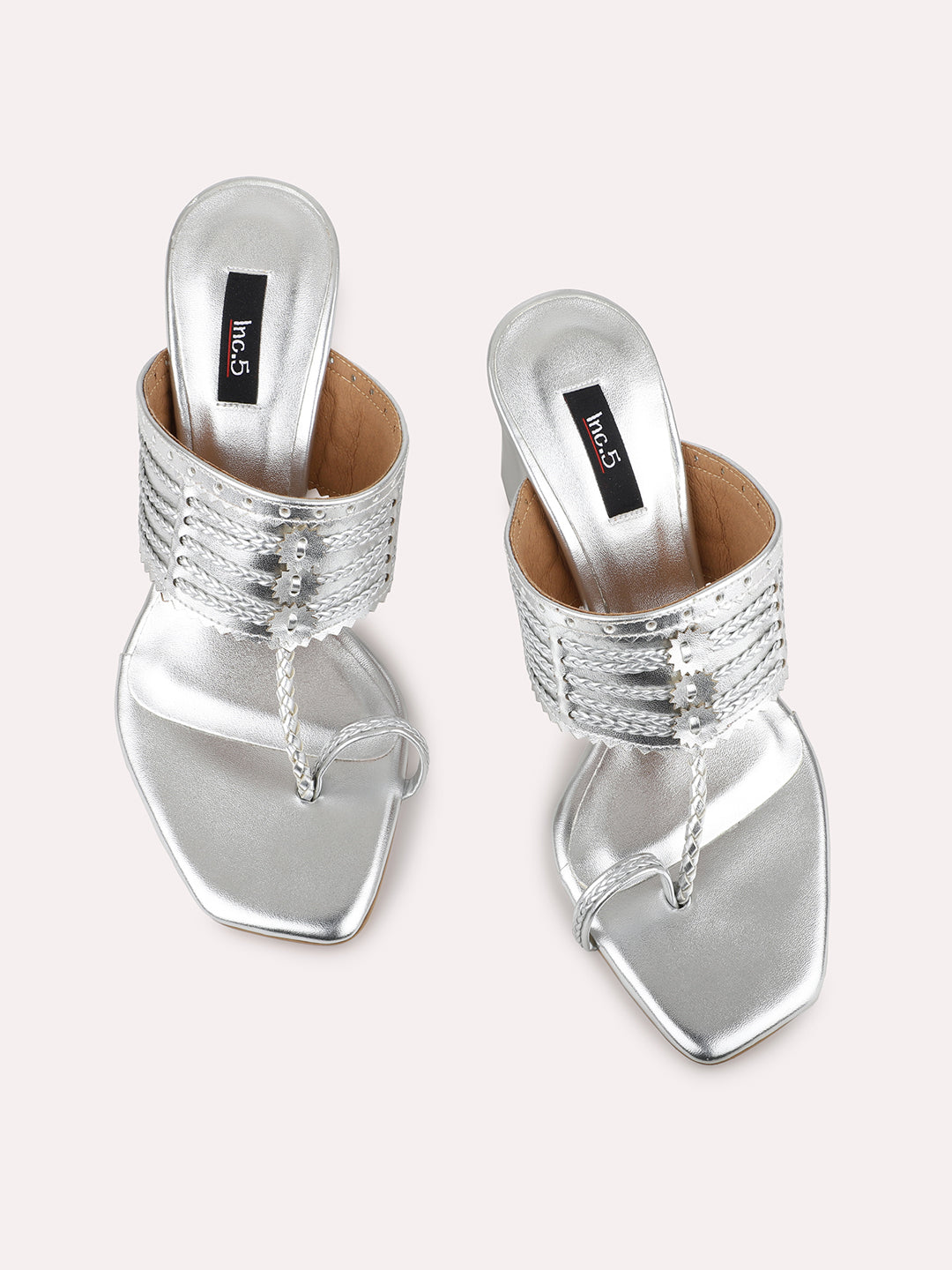 Women Silver Textured Embellished One-Toe Block Heels