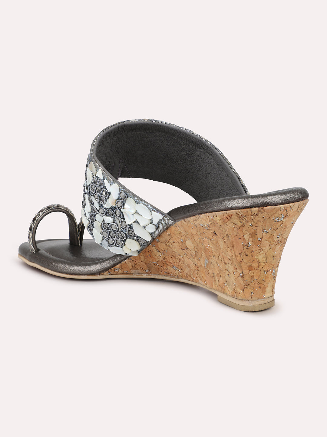 Women Pewter Embellished Ethnic One Toe Wedges Heels