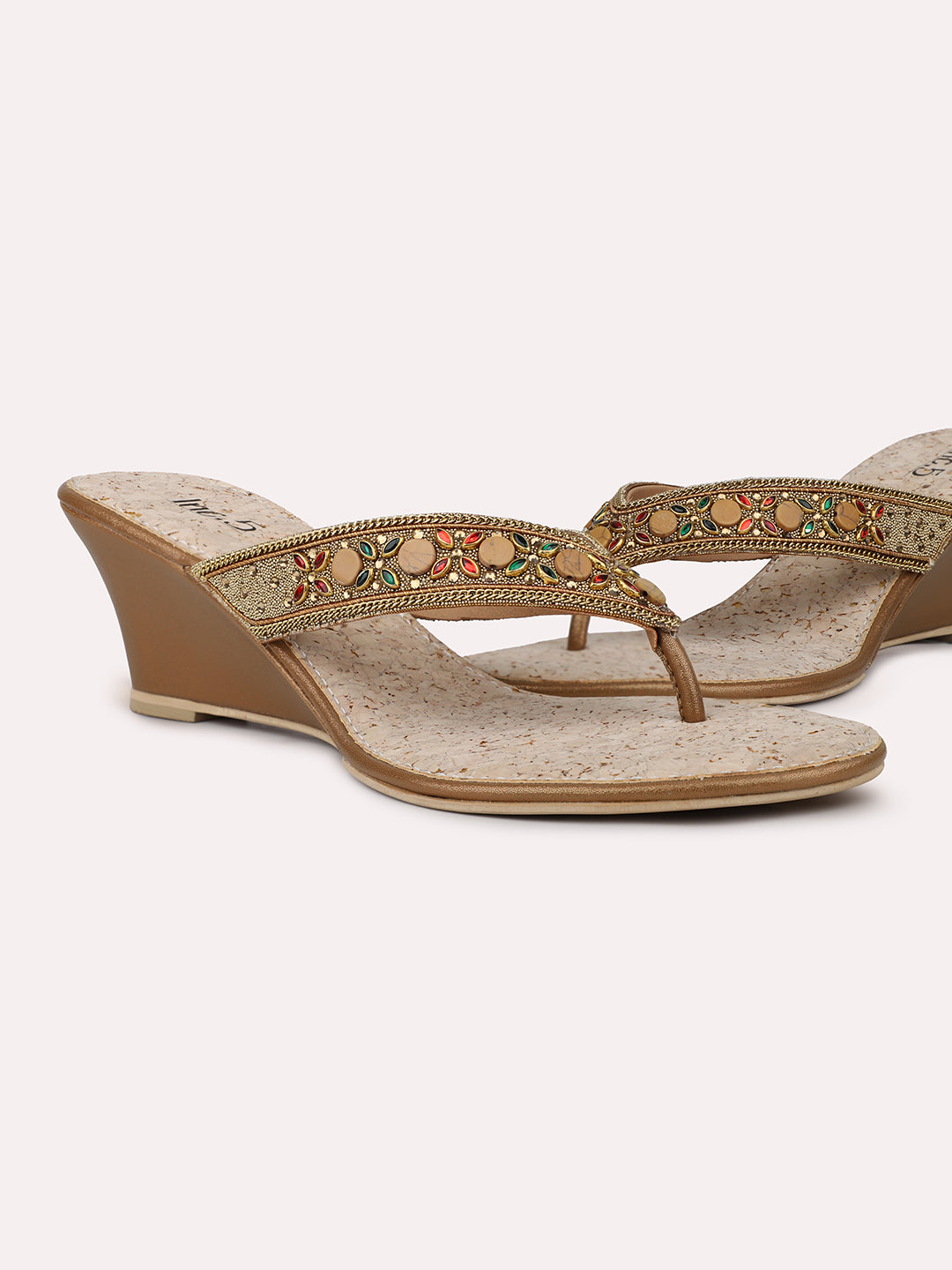 Women Antique Embellished Ethnic Open Toe Wedge Heels