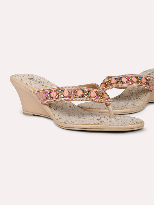 Women Rose Gold Embellished Ethnic Open Toe Wedge Heels