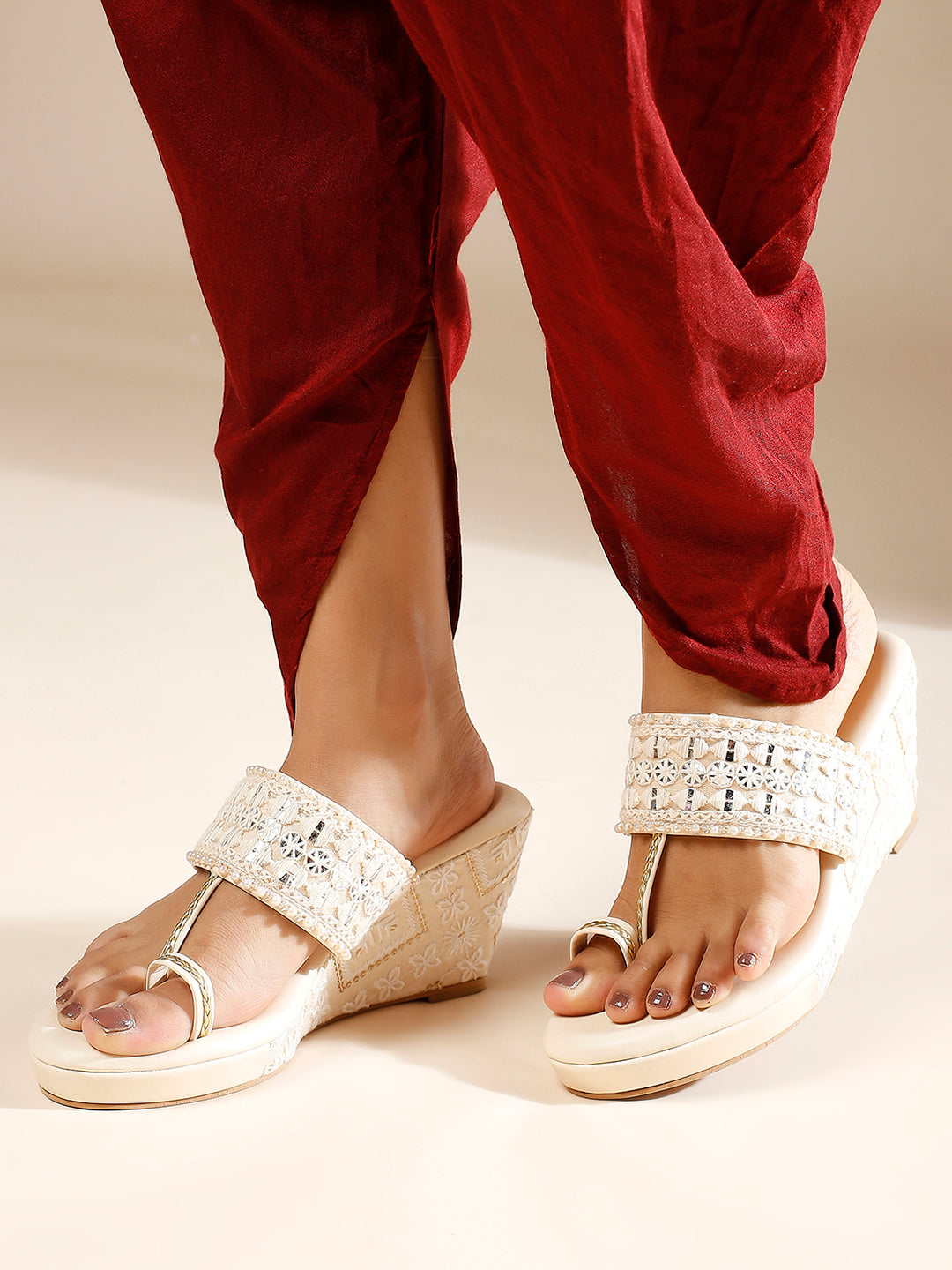 Women Cream Embellished Ethnic One Toe Wedge Heels