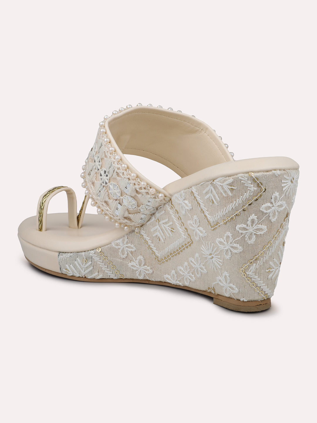 Women Cream Embellished Ethnic One Toe Wedge Heels