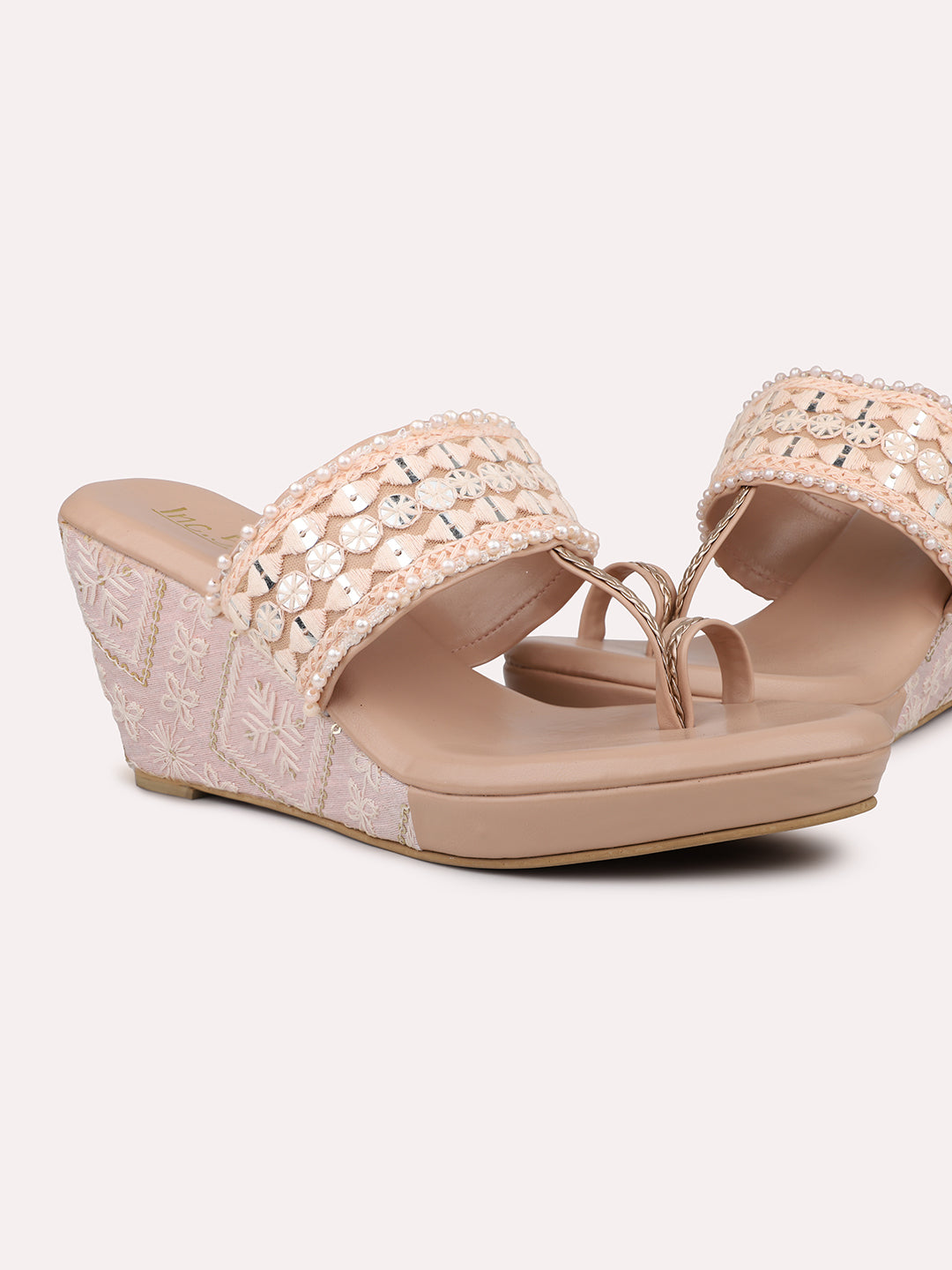 Women Peach Embellished Ethnic One Toe Wedge Heels