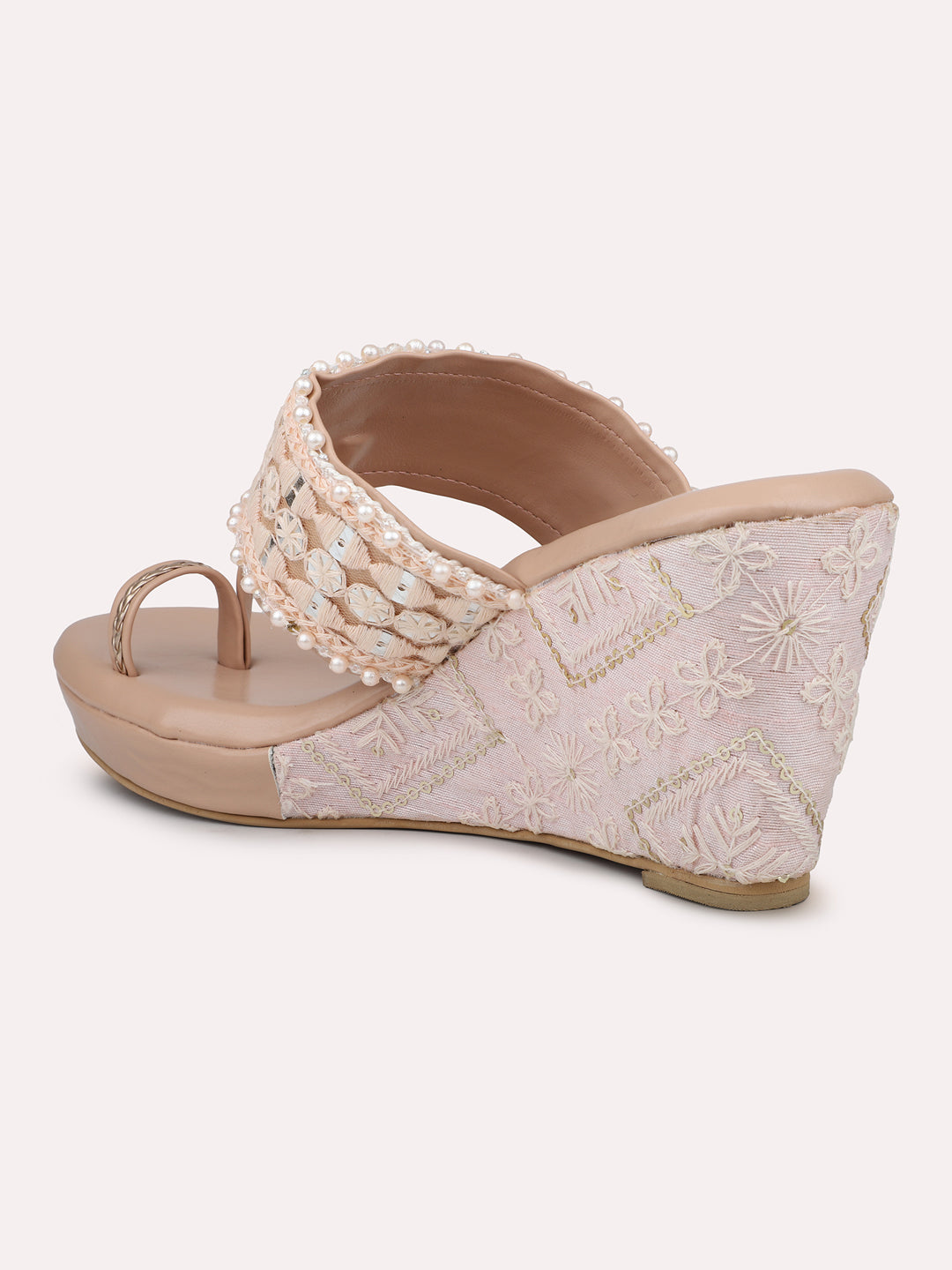 Women Peach Embellished Ethnic One Toe Wedge Heels