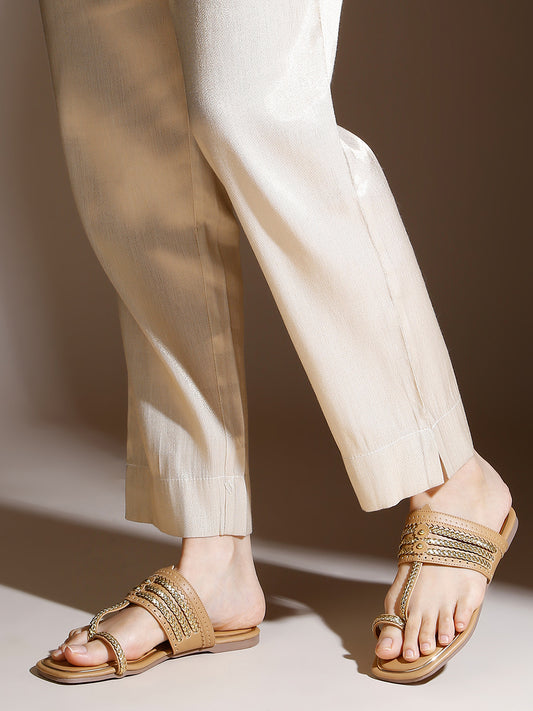 Women Beige And Gold-Toned Embellished One Toe Flats