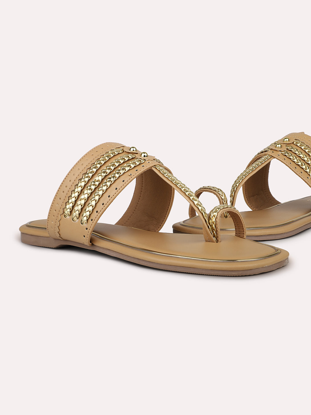 Women Beige And Gold-Toned Embellished One Toe Flats