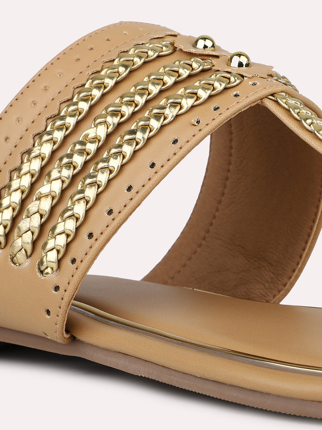 Women Beige And Gold-Toned Embellished One Toe Flats