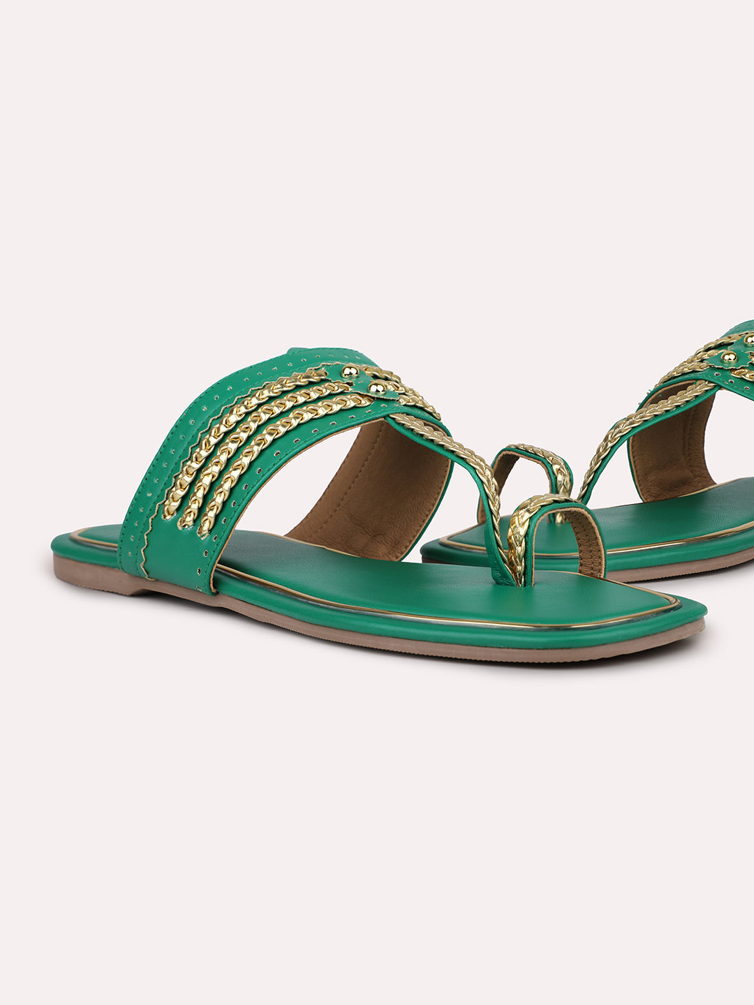 Women Green And Gold-Toned Embellished One Toe Flats