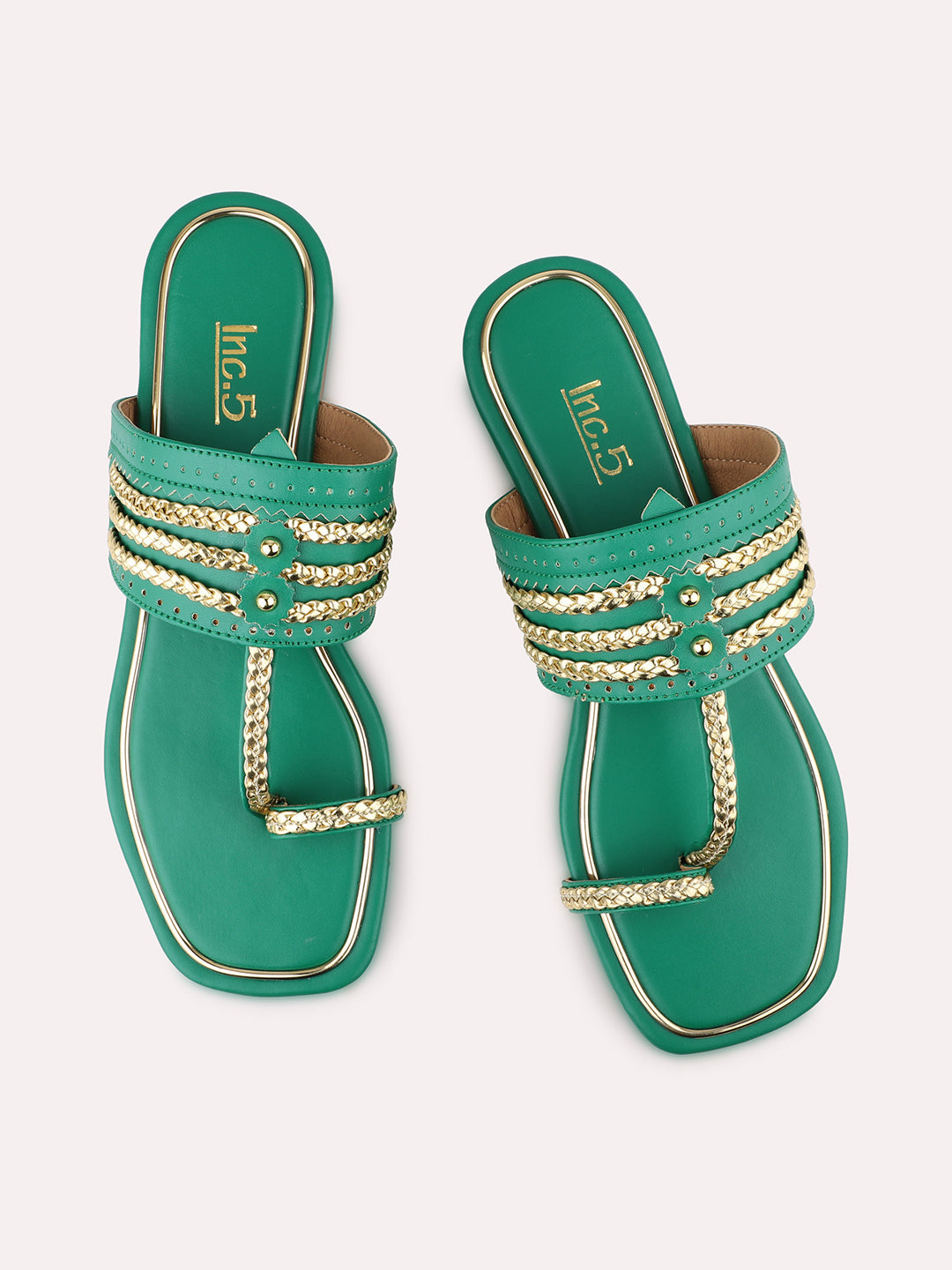 Women Green And Gold-Toned Embellished One Toe Flats