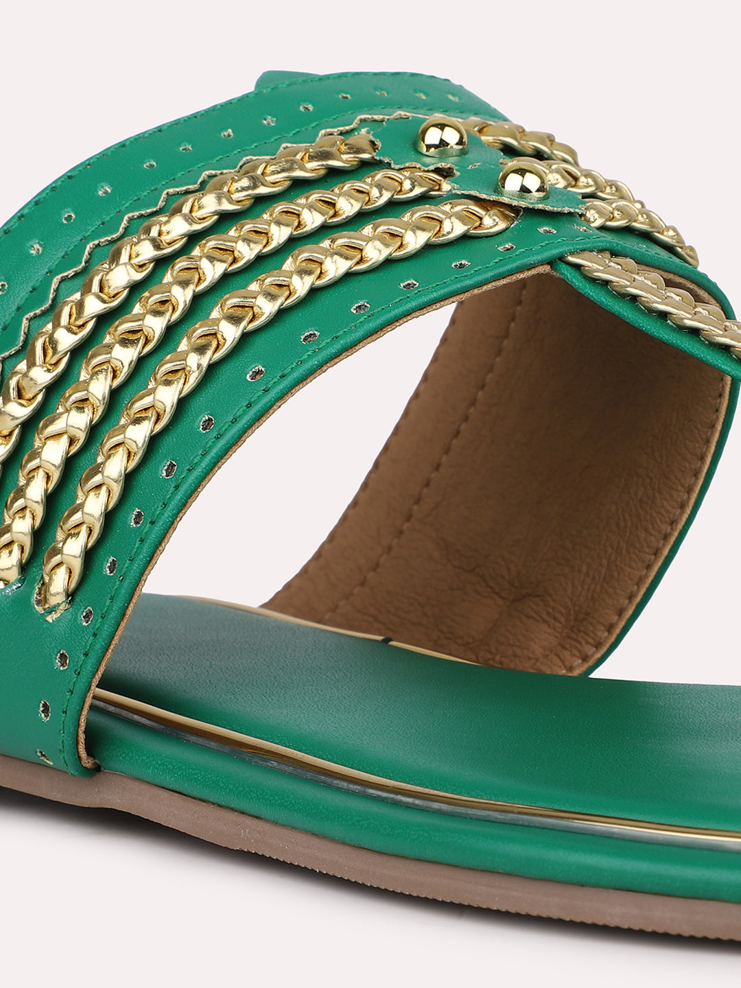 Women Green And Gold-Toned Embellished One Toe Flats