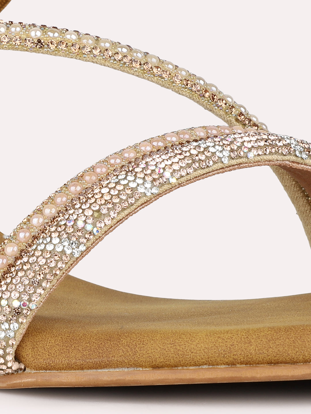 Women Golden Embellished Round Toe Block Heel Sandals