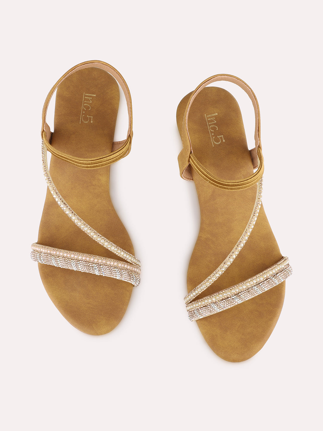 Women Golden Embellished Round Toe Block Heel Sandals