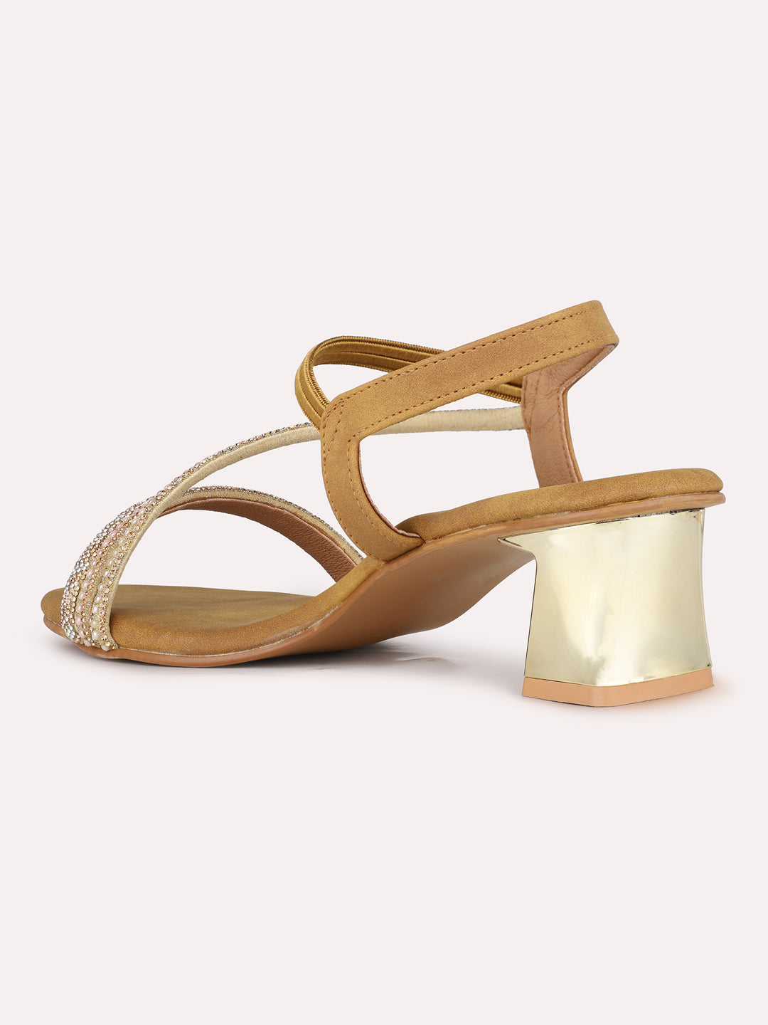 Women Golden Embellished Round Toe Block Heel Sandals