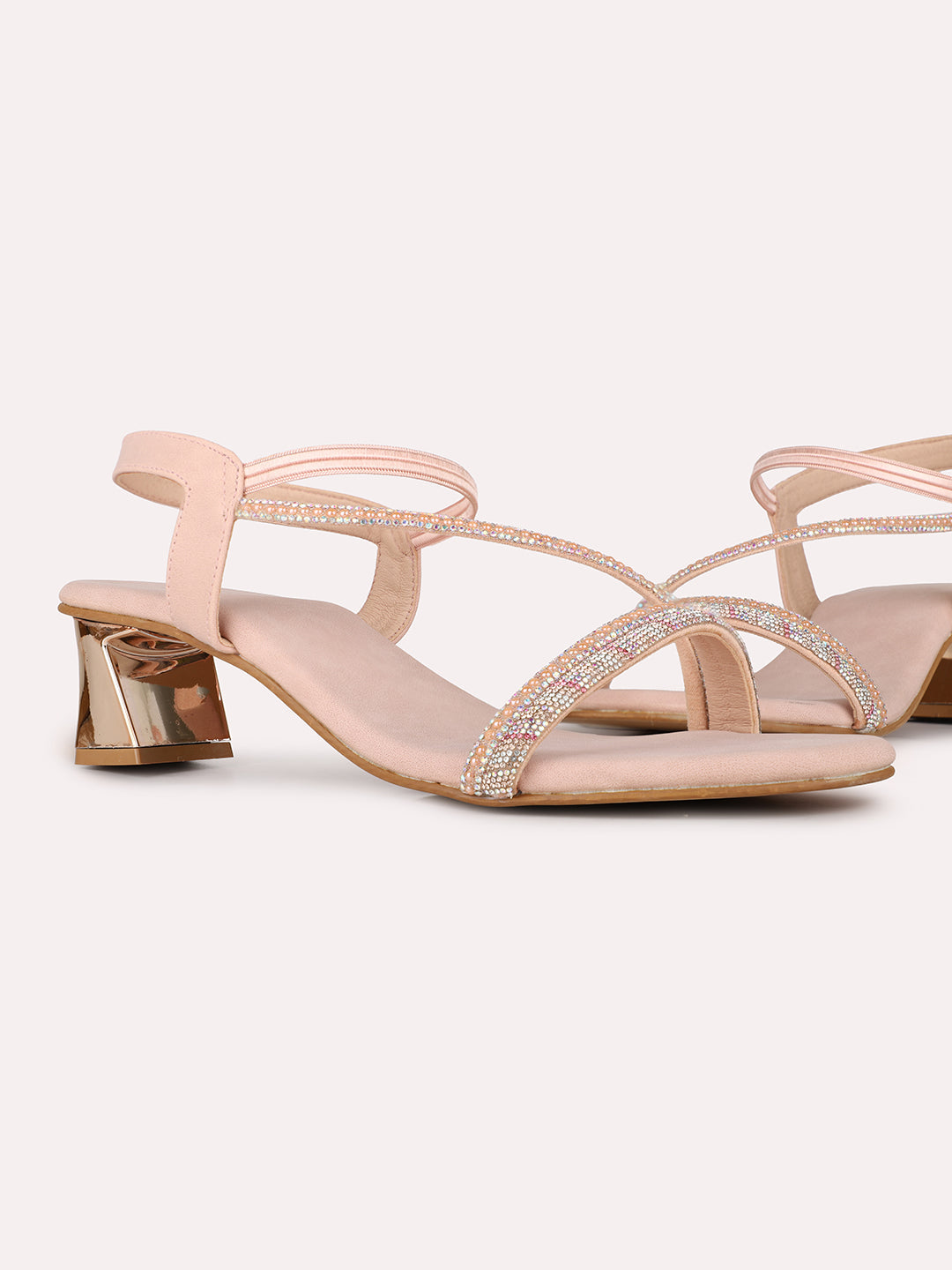 Women Rose Gold Party Wear Embellished Round Toe Block Heel Sandals