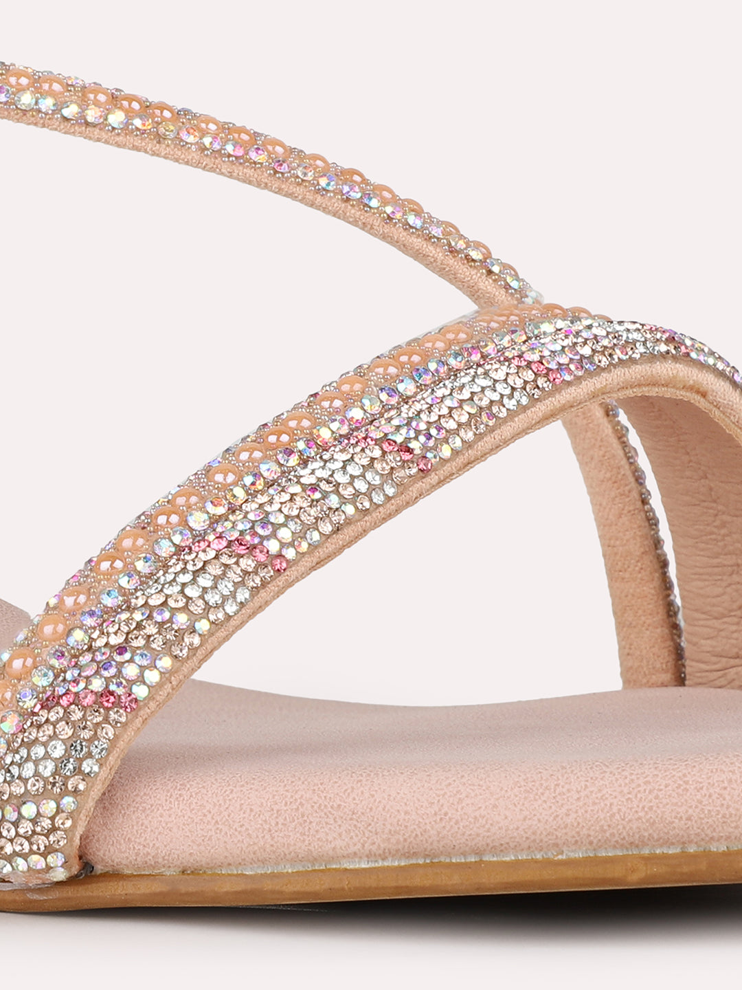 Women Rose Gold Party Wear Embellished Round Toe Block Heel Sandals