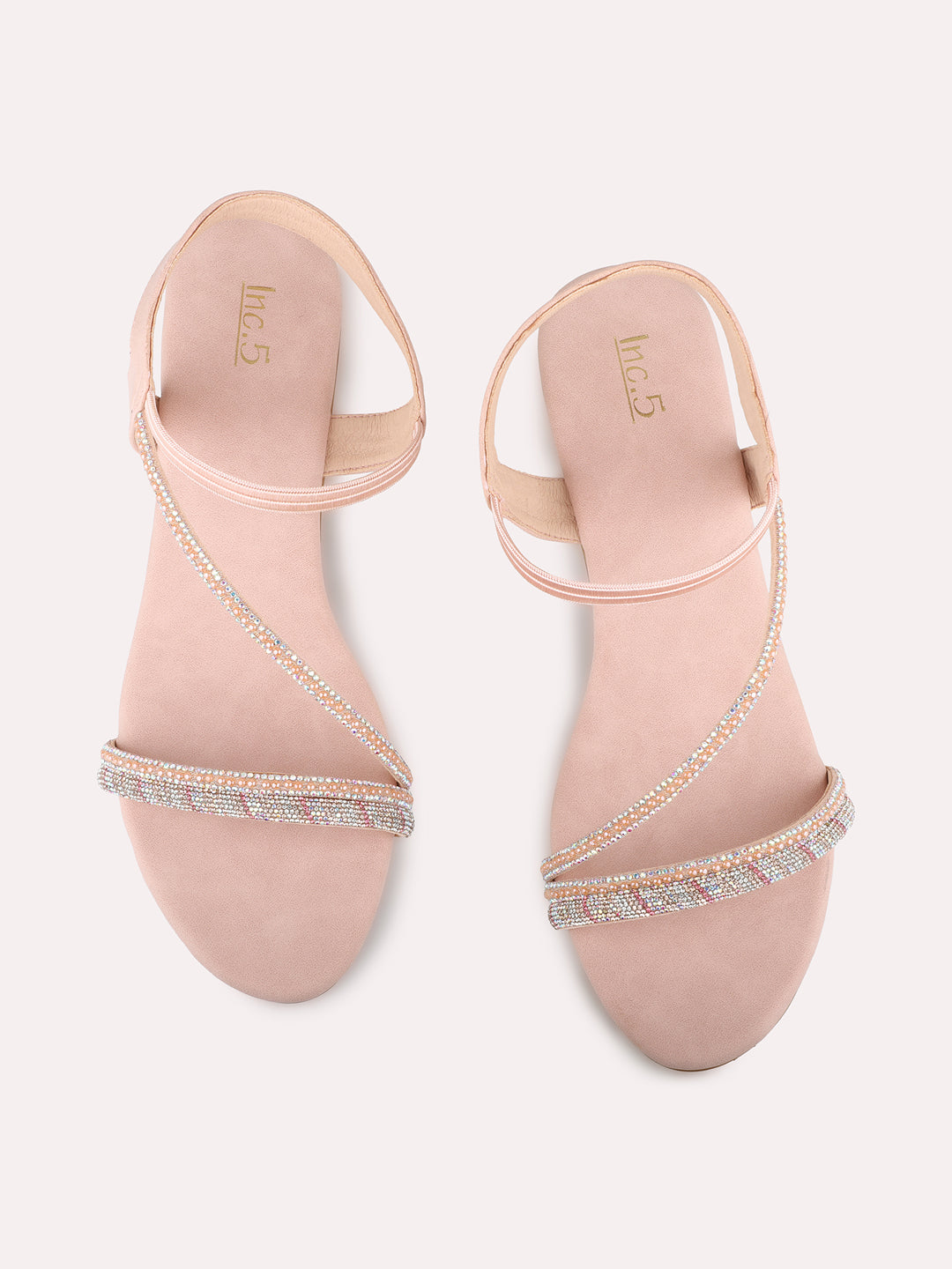 Women Rose Gold Party Wear Embellished Round Toe Block Heel Sandals