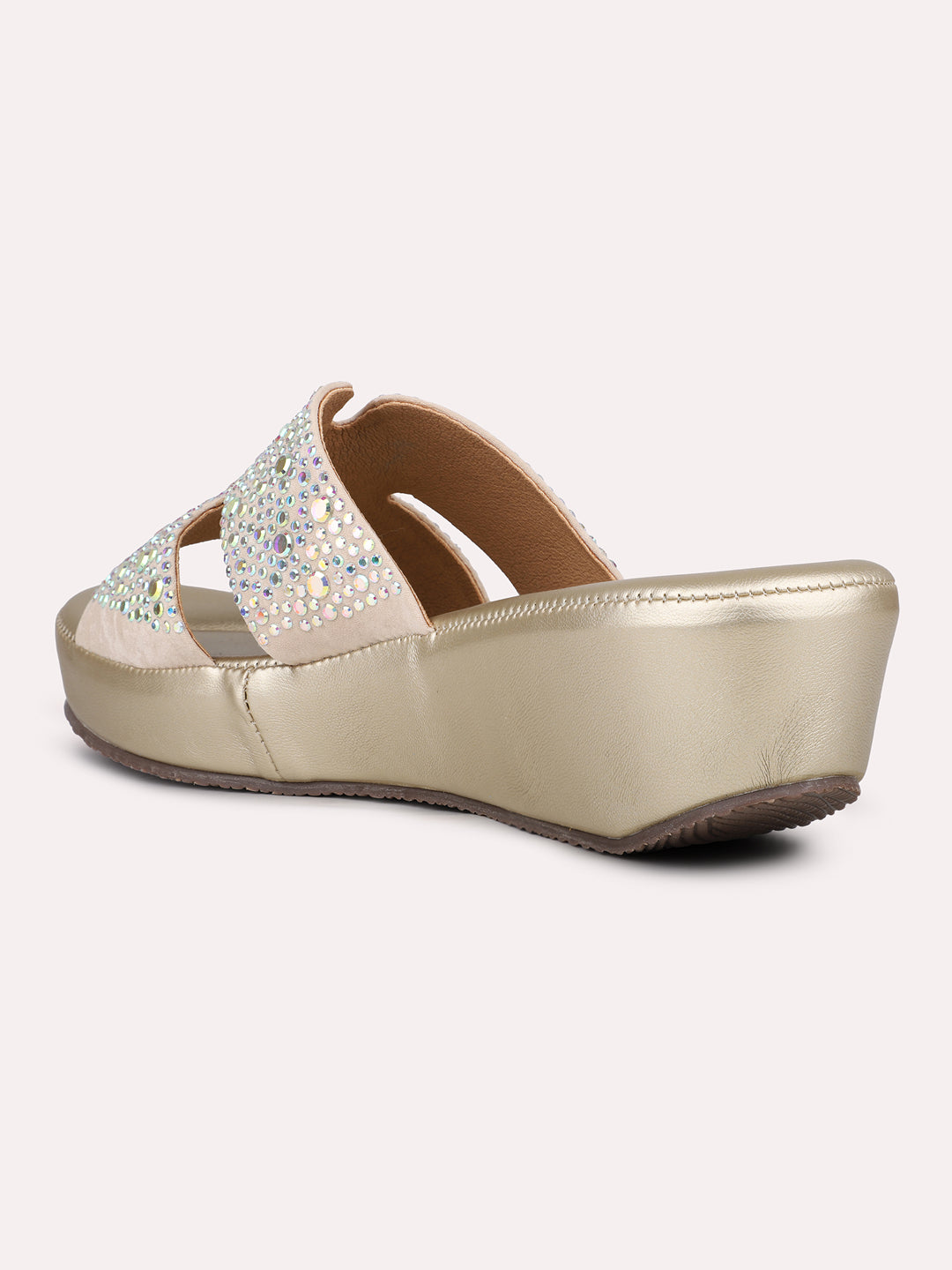 Womens Golden Ethnic Open toe Wedges Mules