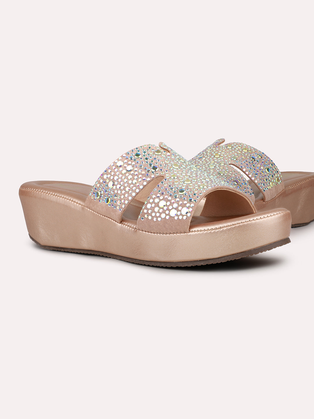 Womens Rose Gold Ethnic Open toe Wedges Mules