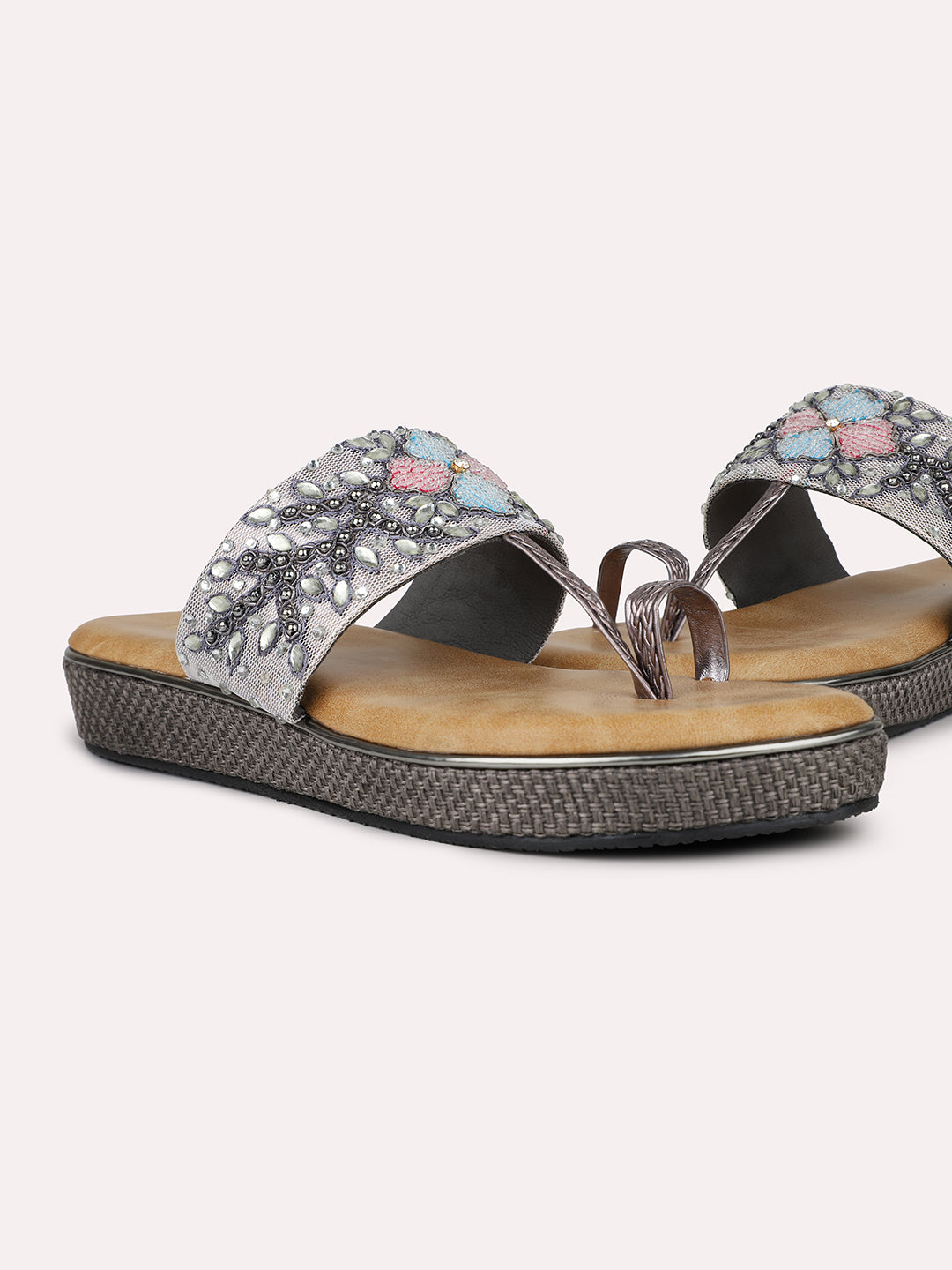 Women Pewter Ethnic Embroidered One Toe Flats