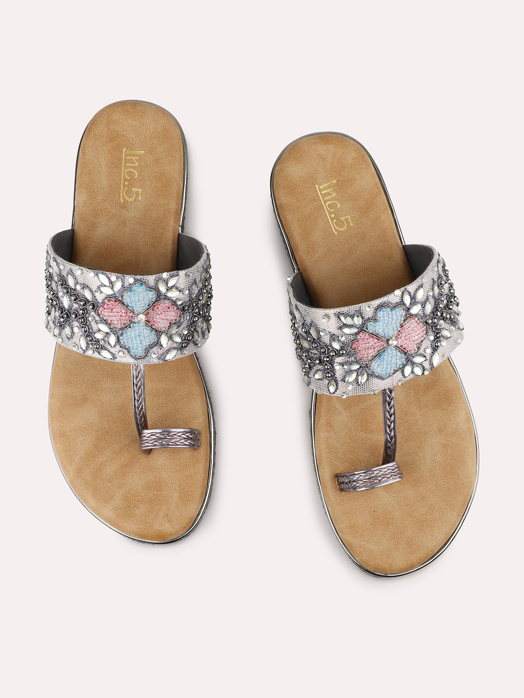 Women Pewter Ethnic Embroidered One Toe Flats