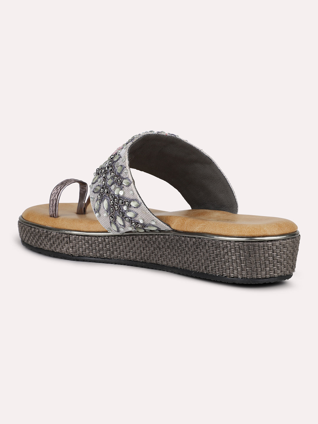 Women Pewter Ethnic Embroidered One Toe Flats