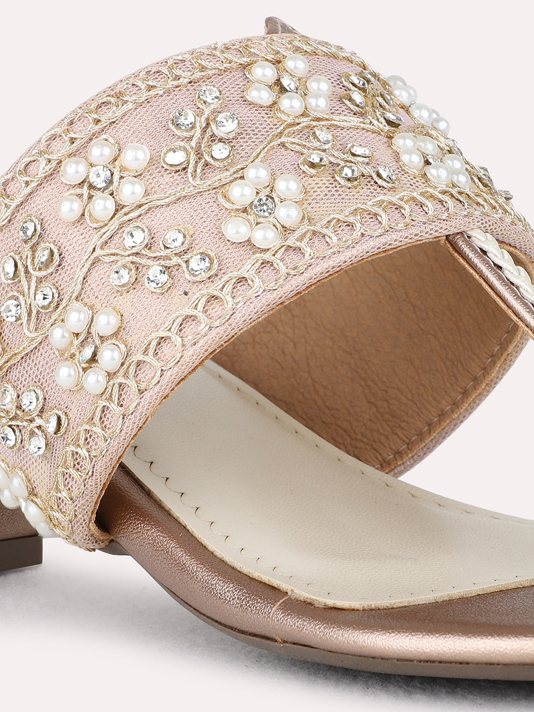 Womens Rose Golden Ethnic Embellished Round Toe Block Heel Sandals