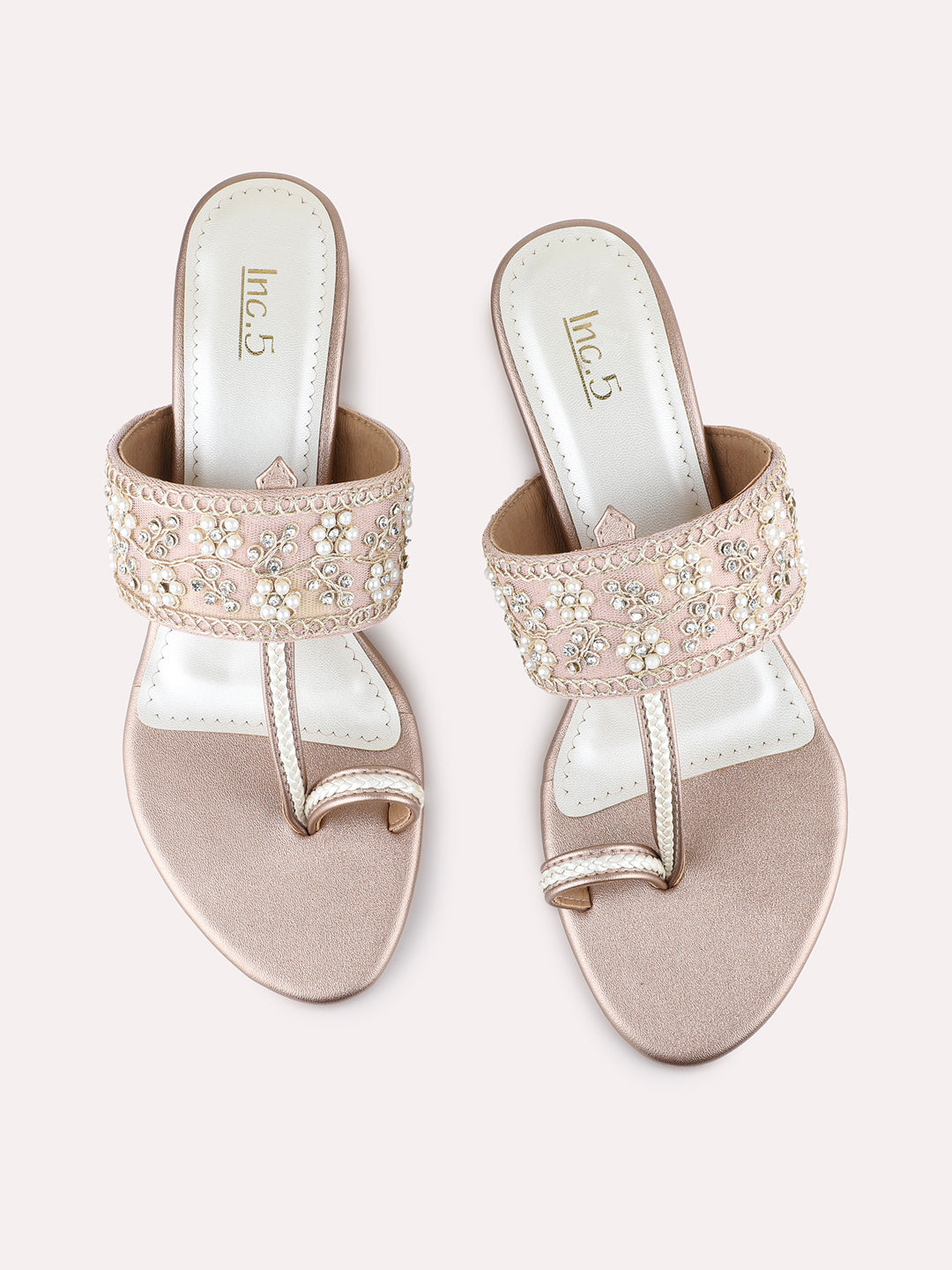 Womens Rose Golden Ethnic Embellished Round Toe Block Heel Sandals